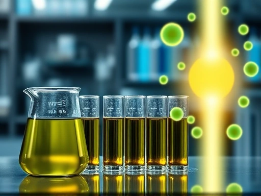 연구실 배경에서 마테차 추출물이 담긴 비커와 시험관이 놓여 있고, 그 옆으로 활성화된 지방 세포와 에너지 대사 과정을 시각적으로 표현하는 빛의 흐름이 있는, 과학적이고 전문적인 분위기