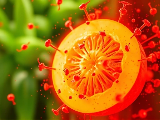 선명한 녹색 멜론 추출물이 붉은 활성산소를 중화시키는 역동적인 장면