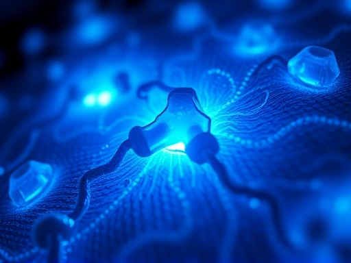 세포 수준에서 미토콘드리아가 에너지를 생산하며 푸른 빛을 내고, 그 주위를 SOD 효소가 보호하는 모습