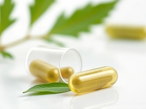 모링가 잎 추출물로 가득 찬 투명한 캡슐과 그 옆에 놓인 신선한 모링가 잎 몇 개를 클로즈업하여 보여줍니다.