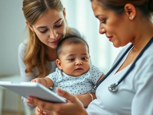 A close-up of a healthcare professional (doctor or lactation consultant) discussing with a new mother, focusing on their thoughtful expressions and perhaps a chart or tablet, highlighting the importan...