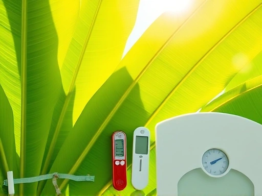 초록색 바나바 잎들이 햇빛을 받아 신선하게 빛나고 있으며, 그 옆으로 혈당 조절을 상징하는 혈당 측정기와 다이어트를 상징하는 체중계가 조화롭게 놓여 있는 모습