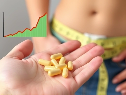 작은 바나바 잎 추출물 캡슐들이 손바닥 위에 놓여 있고, 배경으로는 혈당 조절 그래프와 날씬한 허리를 상징하는 줄자가 흐릿하게 보인다.