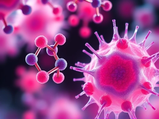 현미경으로 확대된 베르베린 분자 구조와 인슐린 수용체 세포가 상호작용하는 클로즈업 이미지