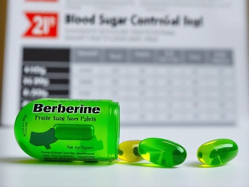 선명한 녹색의 베르베린 보충제 캡슐들이 빛나는 배경 위에서 나란히 놓여 있고, 그 뒤로 혈당 조절 및 체중 감소 관련 연구 차트가 흐릿하게 보이는 장면