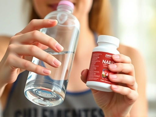 물병을 들고 다이어트 보조제를 섭취하는 사람의 클로즈업.