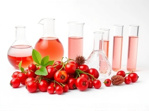 다양한 복분자 열매들이 신선하게 놓여 있고, 그 옆에는 연구실 비커와 시험관이 조화롭게 배치되어 복분자 추출물의 과학적 연구를 상징하는 이미지