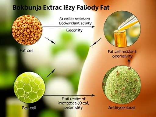 복분자 추출물과 체지방 감소 과정을 보여주는 개념적인 인포그래픽 클로즈업.