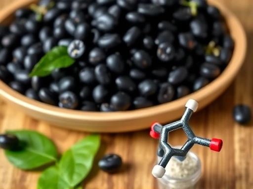 식탁 위에 놓인 검은콩과 함께, 탄수화물 소화 효소의 구조를 상징하는 모형이 함께 배치되어 블랙빈 추출물이 탄수화물 흡수를 억제하는 과학적 원리를 시각적으로 설명하는 이미지