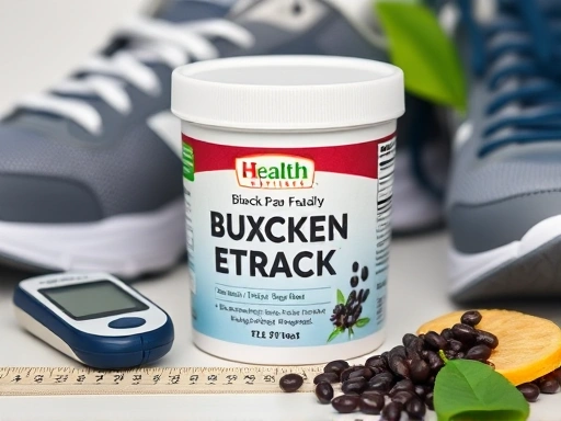 블랙빈 추출물이 담긴 건강기능식품 용기와 함께, 혈당 측정기, 운동화, 건강한 식단 구성 요소들이 클로즈업되어 블랙빈 추출물이 전반적인 건강 관리에 기여하는 모습