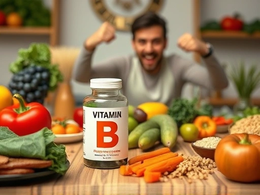 다채로운 채소, 통곡물, 과일이 풍부한 식탁 위에 놓인 비타민B군 보충제 병과 활기찬 표정의 사람이 에너지를 느끼는 모습