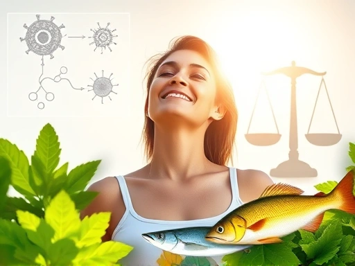 A vibrant, healthy-looking person basking in gentle sunlight, surrounded by leafy green vegetables and fish, symbolizing natural Vitamin D sources, with subtle scientific diagrams of immune cells and...