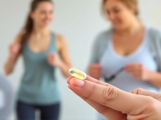 A close-up of a hand holding a small, white Vitamin D supplement capsule, with a blurred background showing a person exercising lightly and another person eating a healthy meal, focusing on the practi...