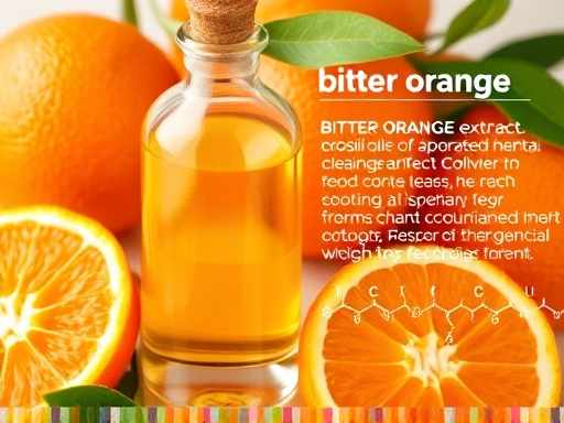 비터오렌지 추출물이 담긴 투명한 액체 병과 주변에 싱싱한 비터오렌지 과일, 그리고 추출물 설명을 위한 과학적인 라벨들이 정돈된 클로즈업 이미지