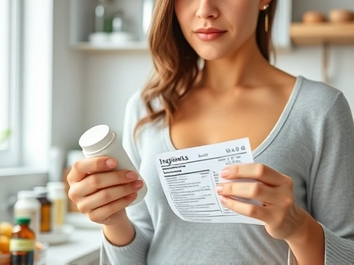 생리 중 여성이 다이어트 보조제 성분표를 꼼꼼히 확인하는 모습