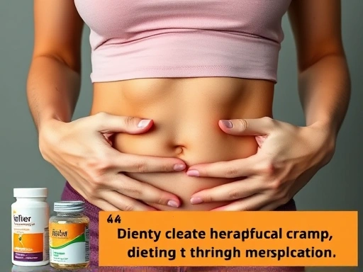 두 손으로 아랫배를 감싸고 생리통으로 불편해하는 여성의 클로즈업, 옆에 놓인 다이어트 보조제와 함께 주의를 요하는 표정, 생리 중 다이어트 부작용 경고 메시지