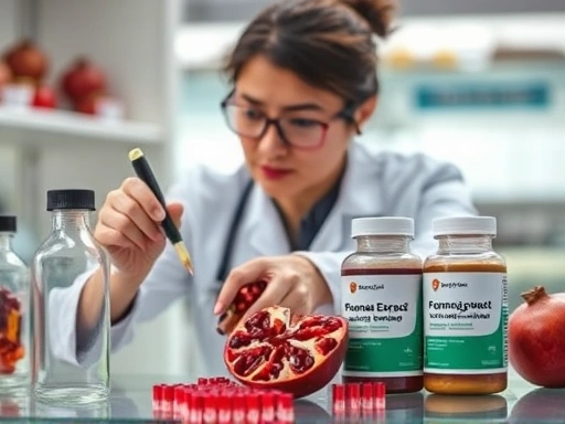 연구실에서 석류 추출물을 분석하는 과학자와 여성 호르몬 구조 다이어트 관련 보조 식품이 함께 있는 장면