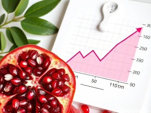 신선한 석류 알갱이와 함께 여성 건강을 상징하는 그래프, 체중계, 호르몬 조절 메커니즘을 시각적으로 나타낸 클로즈업 이미지