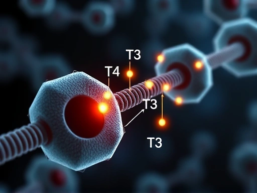 A close-up, detailed illustration showing the intricate process of thyroid hormone synthesis, with tiny, glowing selenium atoms (or symbols) actively participating in the conversion of T4 to T3, empha...