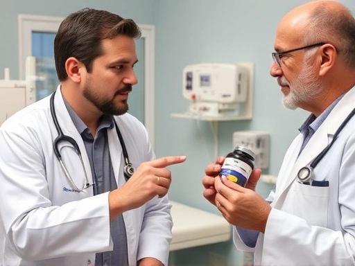 한 남성이 의사와 상담하며 수술 전후 복용할 약물과 보조제에 대해 주의 깊게 듣고 있는 장면