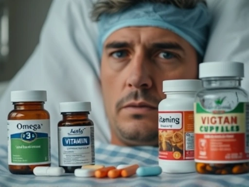 수술 후 환자가 침대 옆 테이블에 놓인 다양한 종류의 알약과 보조제 병들을 보며 고민하는 클로즈업 장면