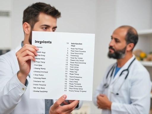 한 남성이 의사와 상담하며 다이어트 보조제 성분표를 보여주는 모습
