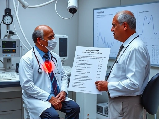 복잡한 의료 장비와 그래프가 있는 심장병 전문의의 진찰실에서, 의사가 심장 질환자에게 다이어트 보조제 성분표를 보여주며 주의사항을 설명하고 있는 진지한 장면