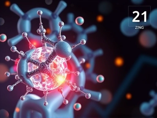 아연 원소 기호가 포함된 역동적인 분자 구조와 사람의 신진대사 경로를 추상적으로 표현한 이미지