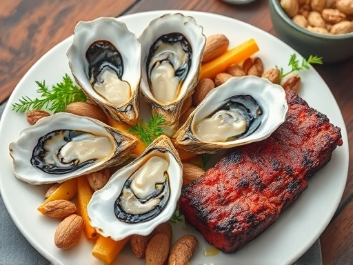 신선한 굴, 붉은 육류, 견과류 등 아연이 풍부한 다양한 식품이 접시에 아름답게 담겨 있는 클로즈업 사진으로, 건강한 식단과 영양 섭취를 강조.