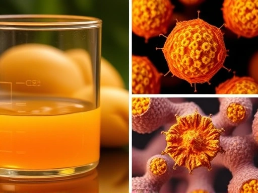 실험실 비커에 담긴 아프리카 망고 추출물과 현미경으로 확대된 세포들이 식욕 억제 호르몬인 렙틴과 아디포넥틴의 작용을 나타내는 클로즈업 이미지