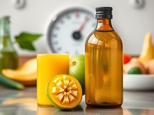 싱싱한 초록색 아프리카 망고 열매와 추출물이 담긴 병, 그 배경으로 체중계와 건강한 식단이 흐릿하게 보이는 모습