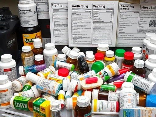 다양한 알레르기약과 다이어트 보조제 약병들이 책상 위에 어지럽게 놓여 있고, 그 뒤로 경고 표시가 있는 확대된 약물 성분표가 보이는 혼란스러운 장면