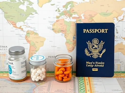 여행 전 다이어트 보조제를 작은 약통에 소분하고 여권과 함께 준비하는 모습