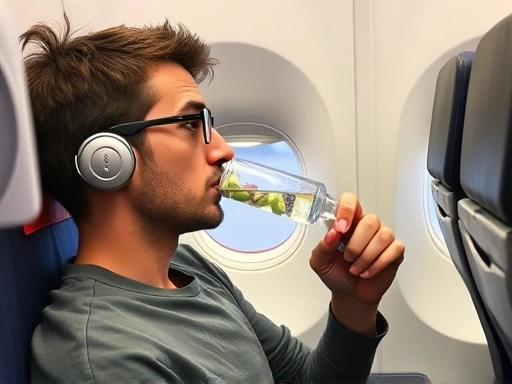 비행기 안에서 시차에 맞춰 다이어트 보조제를 복용하며 물을 마시는 사람, 여행 중에도 건강을 위한 규칙적인 복용과 수분 섭취의 중요성을 강조하는 장면