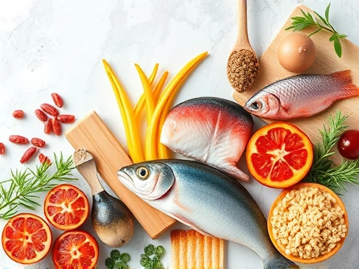 다양한 종류의 생선과 식물성 오메가3 공급원이 한자리에 모여있으며, 오메가3가 염증 감소와 다이어트 보조 효과를 상징하는 시각적 요소가 결합된 건강하고 신선한 이미지