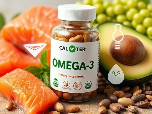 오메가3 보충제 병과 함께 연어, 아보카도, 씨앗 등 오메가3가 풍부한 건강한 음식 재료가 클로즈업되어 있으며, 염증 감소와 다이어트를 상징하는 작은 아이콘들이 주변에 있는 상세 이미지