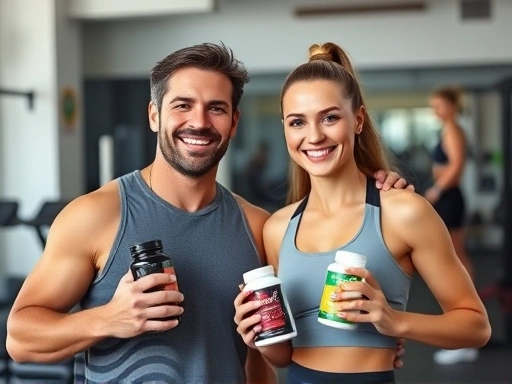 역동적인 운동 환경에서 건강한 남녀가 웃으며 다이어트 보조제를 들고 있는 모습
