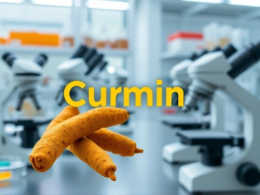 울금 추출물의 황금빛 뿌리줄기에서 추출된 커큐민 성분이 강조된 과학적 연구실 배경의 이미지