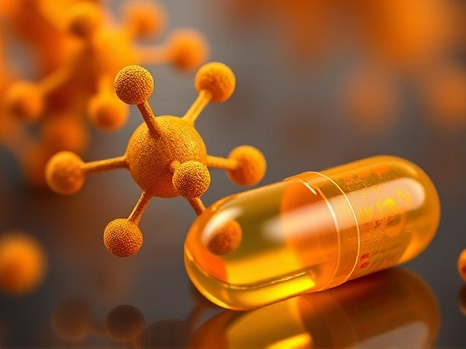 고농축 울금 추출물 캡슐과 함께, 커큐민 분자 구조 모형이 클로즈업되어 보이는 이미지