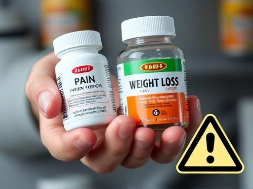 통증 약과 체중 감량 보조제를 동시에 들고 있는 손을 클로즈업하여, 두 약물 간의 잠재적 충돌과 상호작용에 대한 경고를 시각적으로 강조하는 이미지
