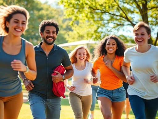 Close-up of a diverse group of teenagers actively participating in outdoor sports like running and stretching in a sunny park, sharing laughter and showing healthy, active energy, with a focus on thei...