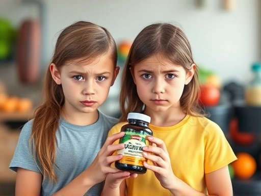 A teenage boy and girl looking confused and worried while holding a diet supplement bottle, with a blurred background of healthy food and exercise equipment, symbolizing the dilemma of choosing quick...