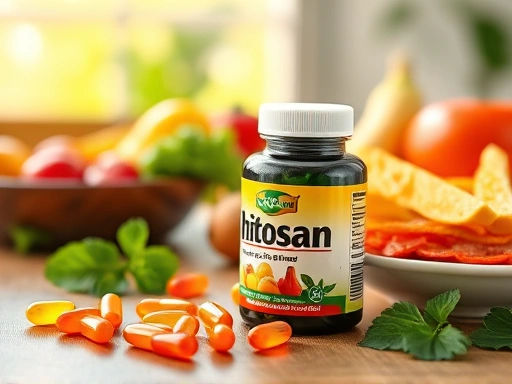 다채로운 색상의 건강한 식단과 함께 식탁 위에 놓인 치토산 영양제 캡슐.