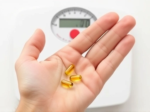 치토산 캡슐이 손바닥 위에 놓여있고, 배경에는 신체 측정 도구와 건강한 체중을 상징하는 저울이 클로즈업되어 있습니다.