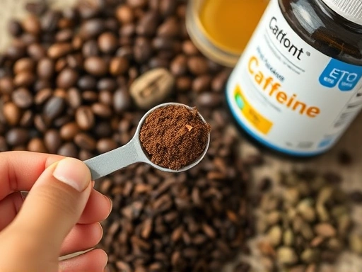 A close-up of a hand holding a measuring spoon of coffee grounds next to various types of caffeine sources like coffee beans, tea leaves, and a supplement bottle, emphasizing precise measurement and r...