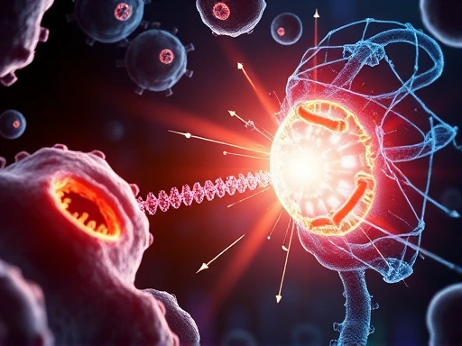 미토콘드리아와 세포 내에서 ATP 에너지를 생산하는 코엔자임 Q10의 역동적인 과정을 시각화한 이미지