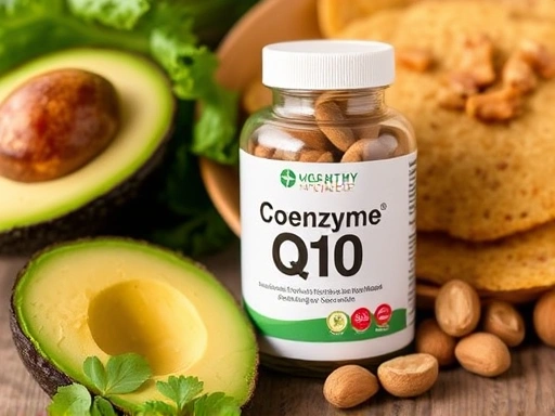코엔자임 Q10 보충제가 식사와 함께 놓여 있는 클로즈업 사진, 주변에 건강한 식재료(아보카도, 견과류)가 놓여 있어 건강한 생활 습관과의 연관성을 보여주는 이미지