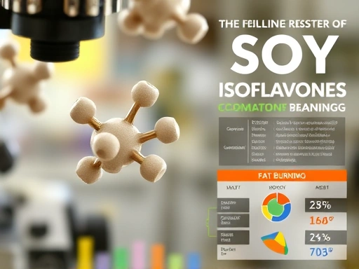 현미경으로 이소플라본 분자 구조를 클로즈업하여 보여주면서, 그 옆에 신진대사 촉진과 지방 연소를 나타내는 다이어트 관련 인포그래픽이 포함된 과학적인 콩 추출물 이소플라본 연구 이미지