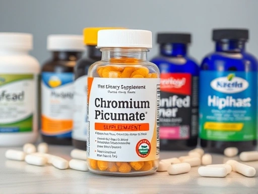 혈당 조절을 위한 다양한 건강 보조제 병들이 놓인 테이블 위에서, 크롬 피콜리네이트 보충제가 돋보이는 클로즈업 사진, 올바른 선택과 복용의 중요성을 강조.