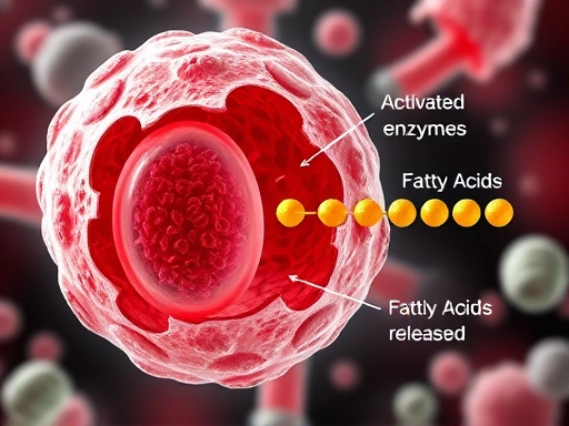지방 세포가 포르스콜린의 작용으로 분해되는 과정을 클로즈업한 과학적 그래픽 이미지